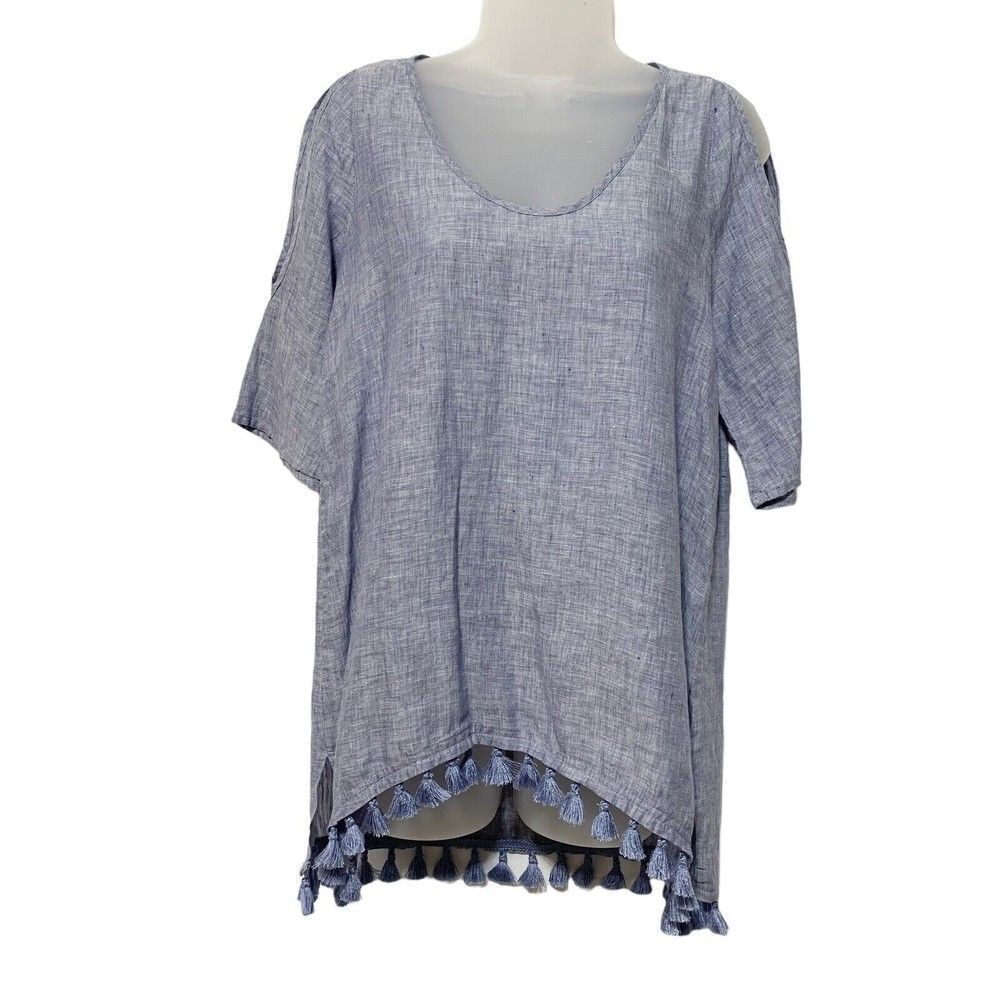 Saks Fifth Avenue Linen Cold Shoulder Fringe Tassels Trim Tunic Top XS